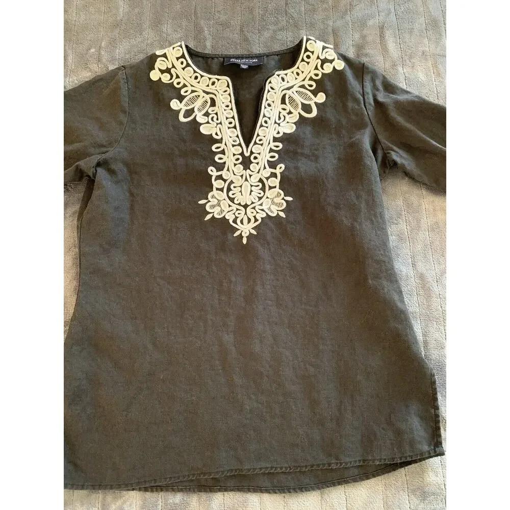 Jones New York Signature Women’s Dark Gray 100% Linen Shirt White Detail Small - Picture 4 of 11